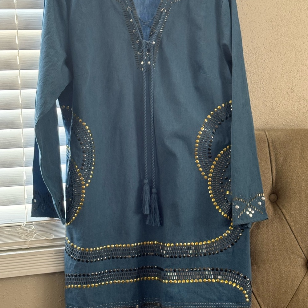 Blue Tunic Dress with Gold Accents